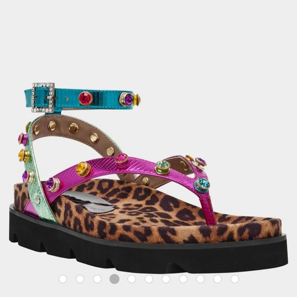 Betsey Johnson Thong Sandals 8 Pink Green Studs Conley Metallic Strappy New $130 - Picture 8 of 17